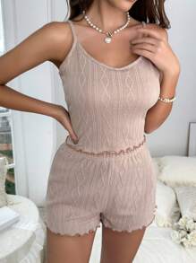 Lettuce Trim Cami Top & Shorts Lounge Set - Khaki - View 4