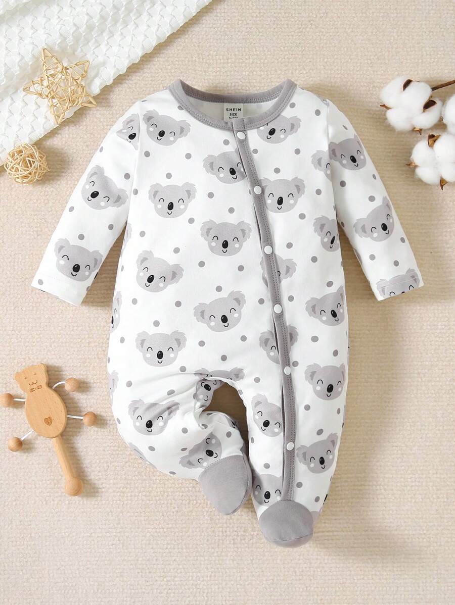 Baby Girl Koala Print Contrast Binding Footed Jumpsuit - White - View 1
