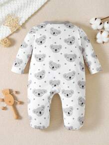 Baby Girl Koala Print Contrast Binding Footed Jumpsuit - White - View 2