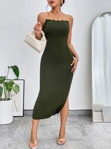 SHEIN Privé 素色貝殼邊吊帶洋裝 - 軍綠色 - 查看 4