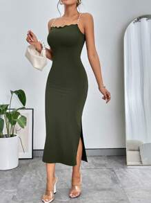 SHEIN Privé 素色貝殼邊吊帶洋裝 - 軍綠色 - 查看 2