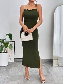 SHEIN Privé 素色貝殼邊吊帶洋裝 - 軍綠色 - 查看 6