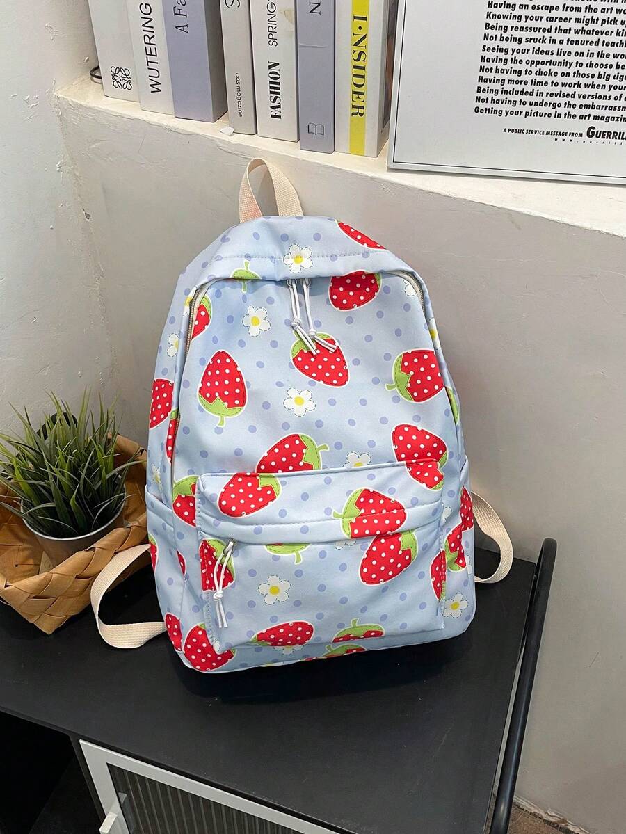Mochila clásica con estampado de fresa medio cremallera preppy - Azul - Ver 1