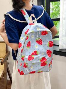 Mochila clásica con estampado de fresa medio cremallera preppy - Azul - Ver 2