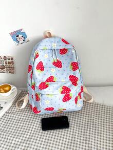 Mochila clásica con estampado de fresa medio cremallera preppy - Azul - Ver 3