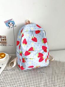 Mochila clásica con estampado de fresa medio cremallera preppy - Azul - Ver 7