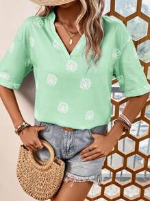 EMERY ROSE Dandelion Print Notched Neckline Blouse - Mint Green - View 6
