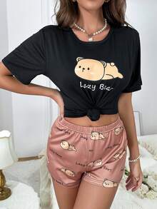 Cartoon & Letter Graphic PJ Set - Black - View 4