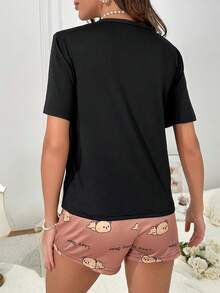 Cartoon & Letter Graphic PJ Set - Black - View 2