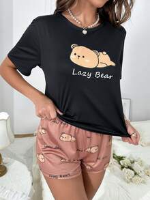 Cartoon & Letter Graphic PJ Set - Black - View 5