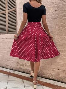 SHEIN LUNE Polka Dot Belted A-line Dress - Multicolor - View 2