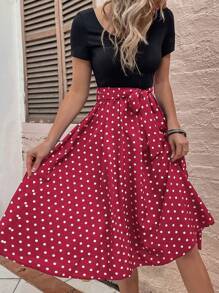 SHEIN LUNE Polka Dot Belted A-line Dress - Multicolor - View 4