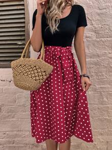 SHEIN LUNE Polka Dot Belted A-line Dress - Multicolor - View 5
