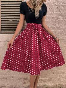 SHEIN LUNE Polka Dot Belted A-line Dress - Multicolor - View 7