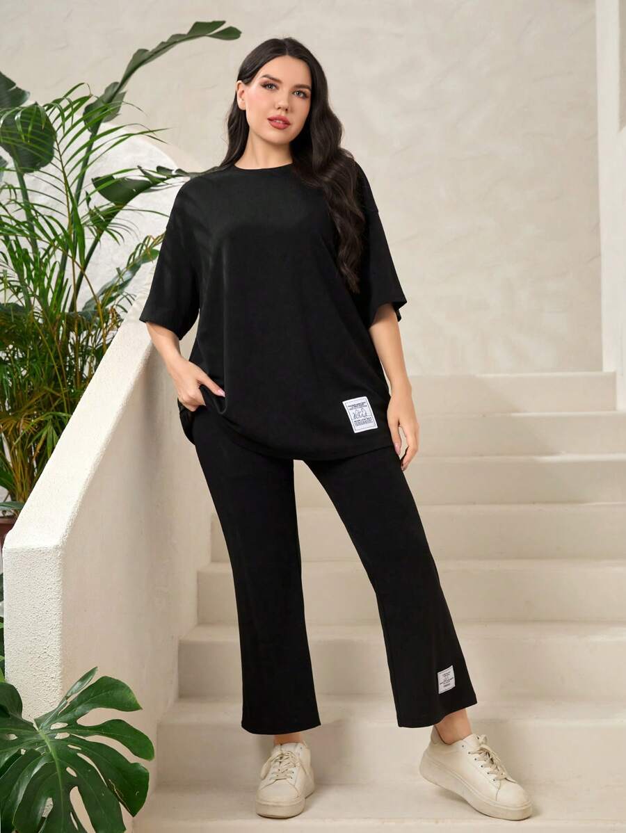 Mulvari Plus Slogan Graphic Patched Detail Drop Shoulder Tee & Trousers - Black - View 1