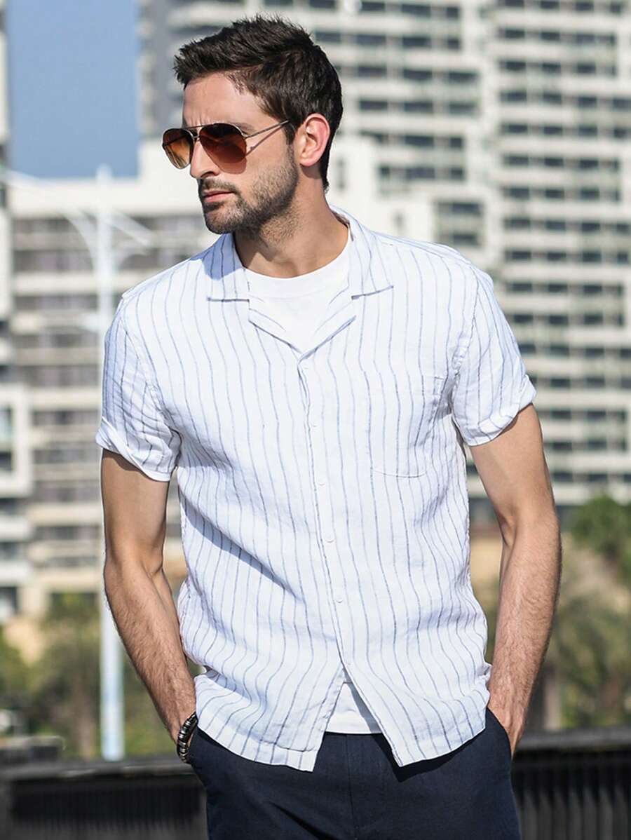 男士條紋印花襯衫 - 白色 - 查看 1