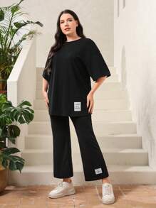 Mulvari Plus Slogan Graphic Patched Detail Drop Shoulder Tee & Trousers - Black - View 3