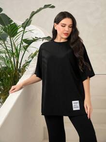 Mulvari Plus Slogan Graphic Patched Detail Drop Shoulder Tee & Trousers - Black - View 6