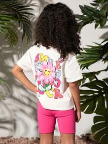 SHEIN 小女童花和標語圖案落肩T恤和騎行褲 - 彩色 - 查看 1