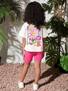 SHEIN 小女童花和標語圖案落肩T恤和騎行褲 - 彩色 - 查看 2