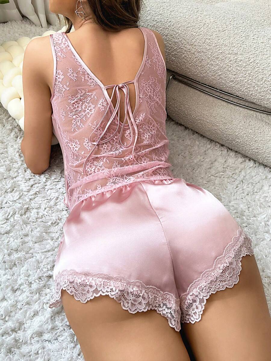 Contrast Lace Tie Back Satin PJ Set - Baby Pink - View 1