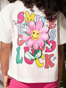 SHEIN 小女童花和標語圖案落肩T恤和騎行褲 - 彩色 - 查看 5