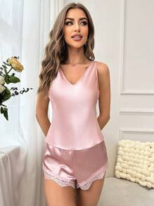 Contrast Lace Tie Back Satin PJ Set - Baby Pink - View 3