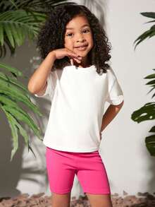 SHEIN 小女童花和標語圖案落肩T恤和騎行褲 - 彩色 - 查看 6