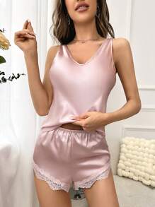 Contrast Lace Tie Back Satin PJ Set - Baby Pink - View 6