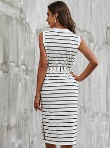 SHEIN LUNE Đầm Tách cao Nút phía trước Thắt lưng Sọc Giải trí - Đen và trắng - Xem 3