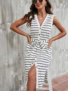 SHEIN LUNE Đầm Tách cao Nút phía trước Thắt lưng Sọc Giải trí - Đen và trắng - Xem 1