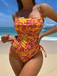 Contrast Print Smocked Side Cutout Sexy One-Piece Swimsuit With Laces For Beach Vacation Summer - Multicolor - View 5