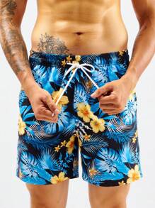 Manfinity Swimmode Hombres Shorts de natación con estampado tropical de cintura con cordón - Multicolor - Ver 4
