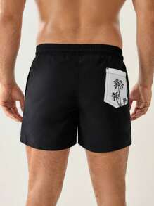 Manfinity Swimmode Men Tropical Print Drawstring Waist Swim Trunks Pool Shorts For Vacation - Black - View 2