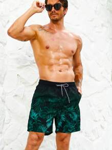 Manfinity VDAYZ Traje de baño de hombre con cordón en la cintura e impresión tropical, estilo hawaiano