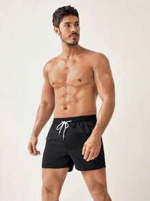 Manfinity Swimmode Men Tropical Print Drawstring Waist Swim Trunks Pool Shorts For Vacation - Black - View 3