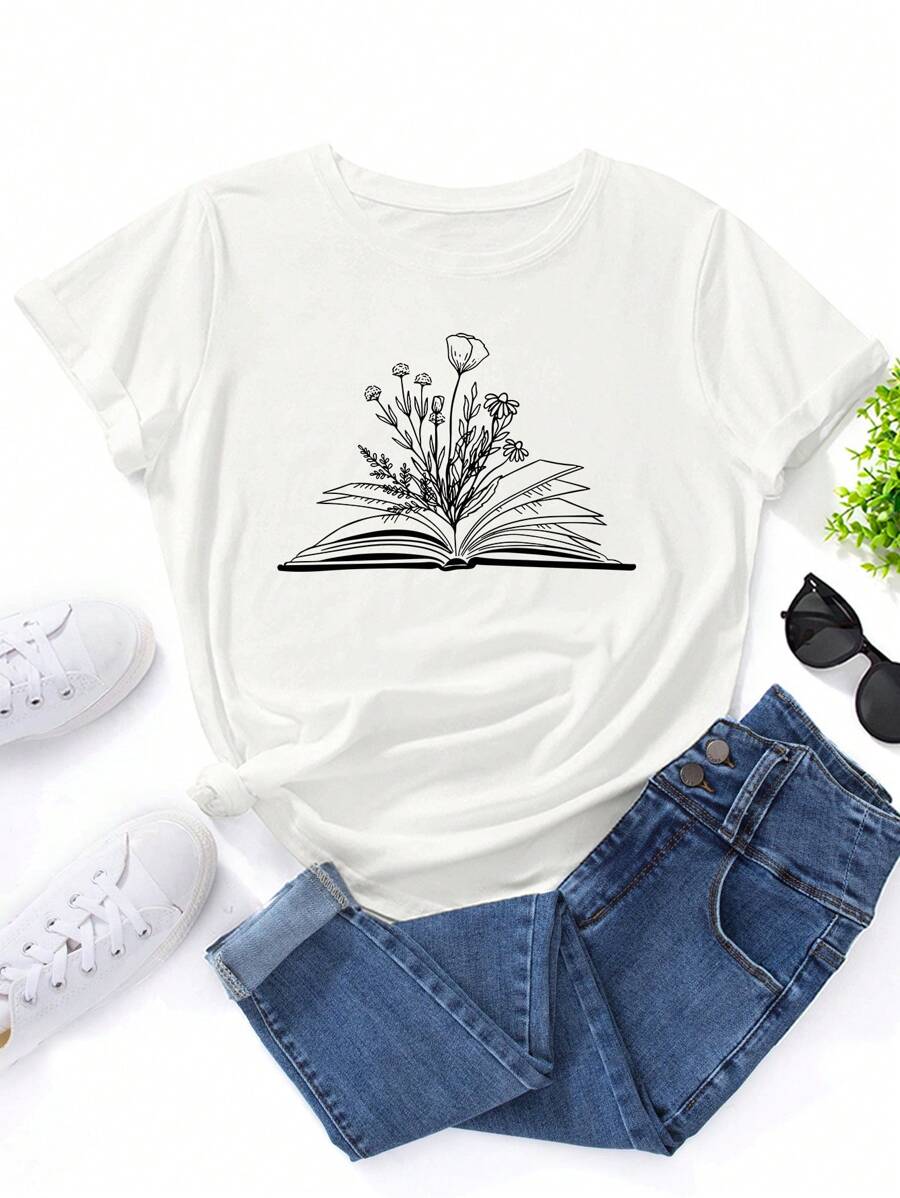 INAWLY Áo thun nữ Hoa Giải trí - trắng - Xem 1