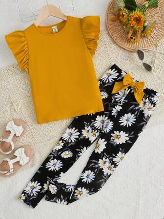 SHEIN Camiseta Con Ribete De Volantes Y Pantalones Con Estampado De Flores Y Lazo Para Niña Preadolescente