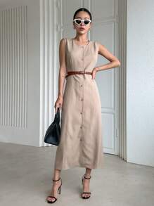 Dazy Designer Button Front Sleeveless Dress Without Belt - Khaki - View 1