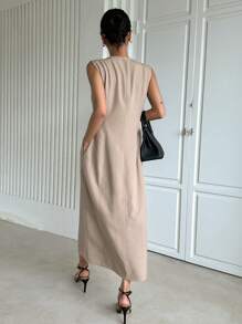 Dazy Designer Button Front Sleeveless Dress Without Belt - Khaki - View 2