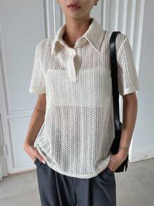 Dazy Designer 素色半排扣T恤 - 米色 - 查看 1