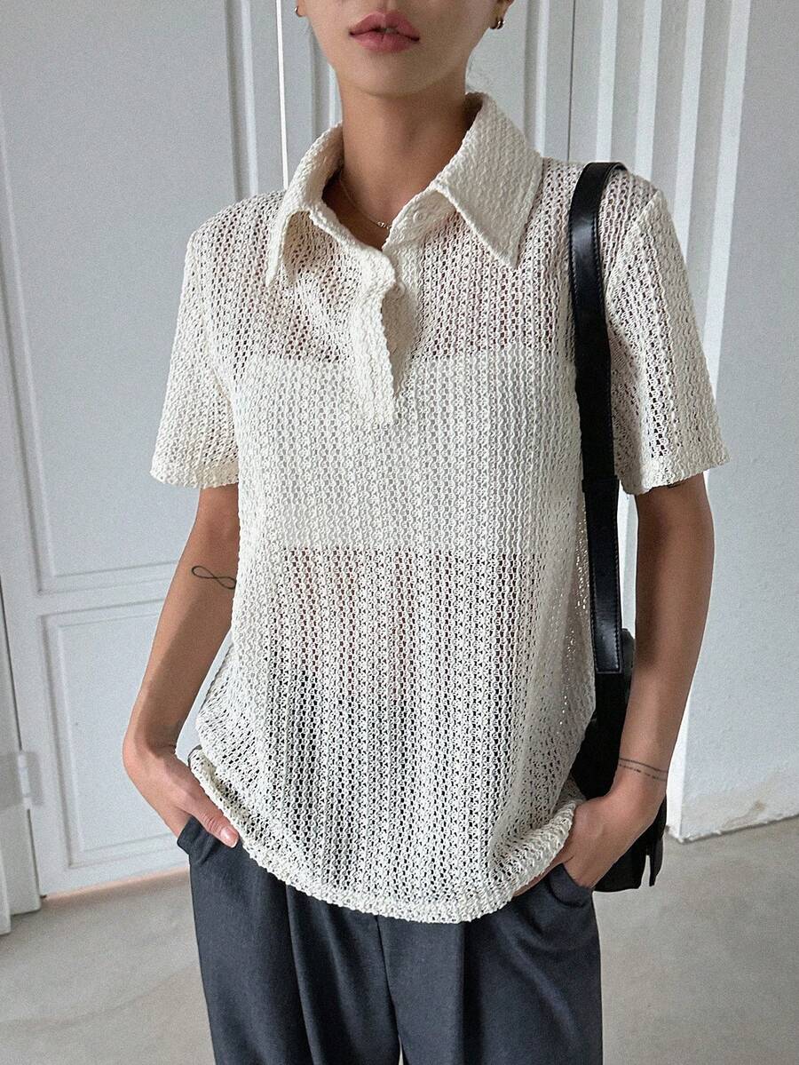 Dazy Designer 素色半排扣T恤 - 米色 - 查看 1