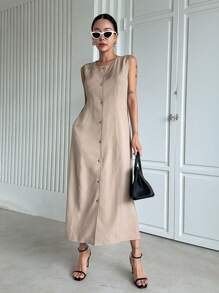 Dazy Designer Button Front Sleeveless Dress Without Belt - Khaki - View 4