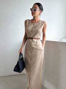 Dazy Designer Button Front Sleeveless Dress Without Belt - Khaki - View 5