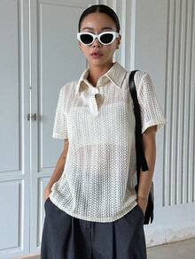 Dazy Designer 素色半排扣T恤 - 米色 - 查看 3