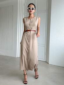 Dazy Designer Button Front Sleeveless Dress Without Belt - Khaki - View 7