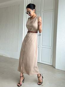 Dazy Designer Button Front Sleeveless Dress Without Belt - Khaki - View 8