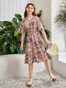 SHEIN 青少年女孩印花荷葉邊連衣裙 - 藕粉色 - 查看 3