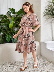 SHEIN 青少年女孩印花荷葉邊連衣裙 - 藕粉色 - 查看 6