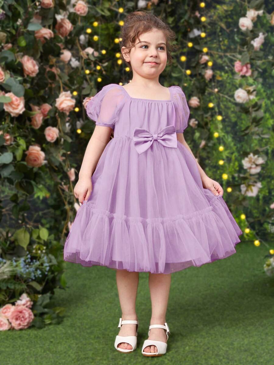 SHEIN 小女童泡泡袖前蝴蝶結荷葉邊網紗連衣裙 - 紫丁香色 - 查看 1